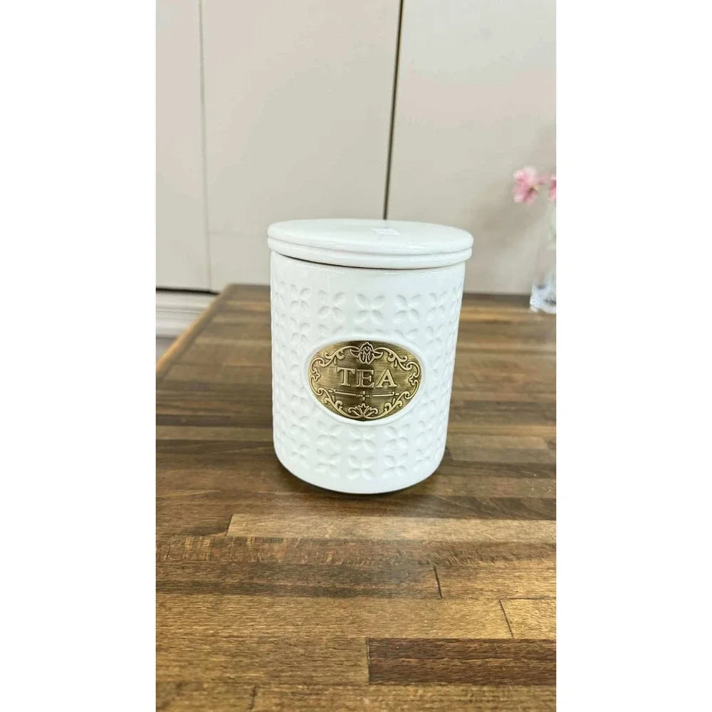 White Ceramic Tea Canister Jar with Brass Plaque Textured Floral Lattice Design